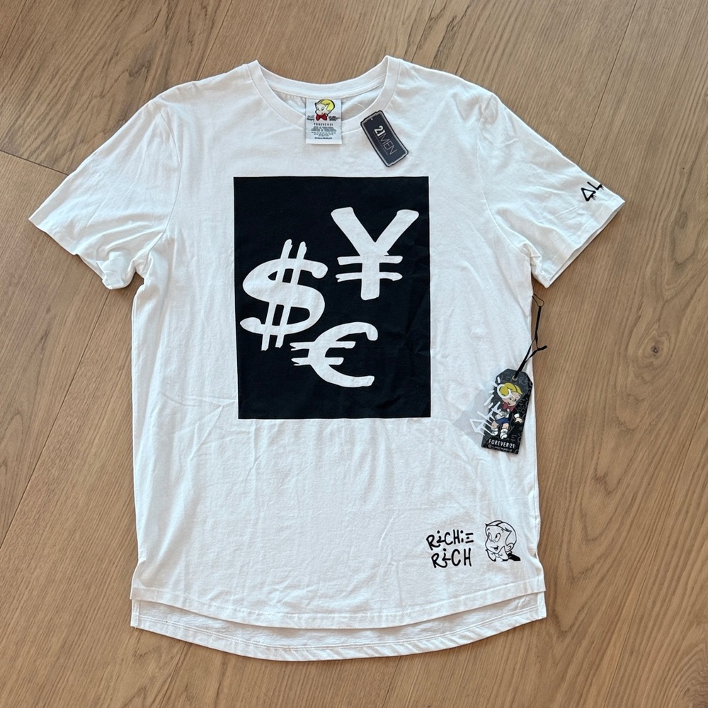 Forever 21 x Alec Monopoly White Tee Currency Graphic XL  NWT Richie Rich